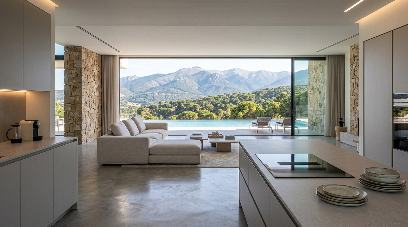 Cocina con isla central abierta al salón, con muros de piedra y vistas a la piscina y la sierra.