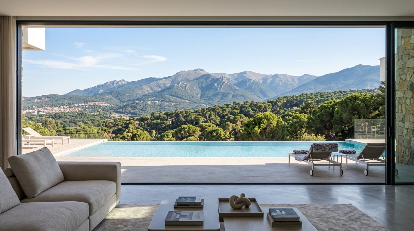 Salón abierto a la terraza y a la piscina desbordante, con vistas a la Sierra de Guadarrama.