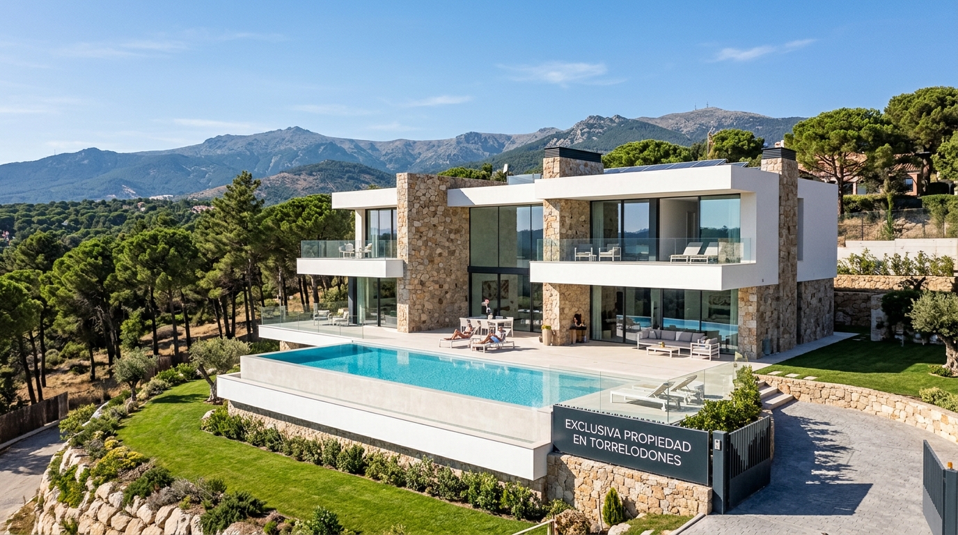 Vista aérea de la vivienda con fachada de piedra y blanco, piscina desbordante y jardín, con la sierra al fondo.
