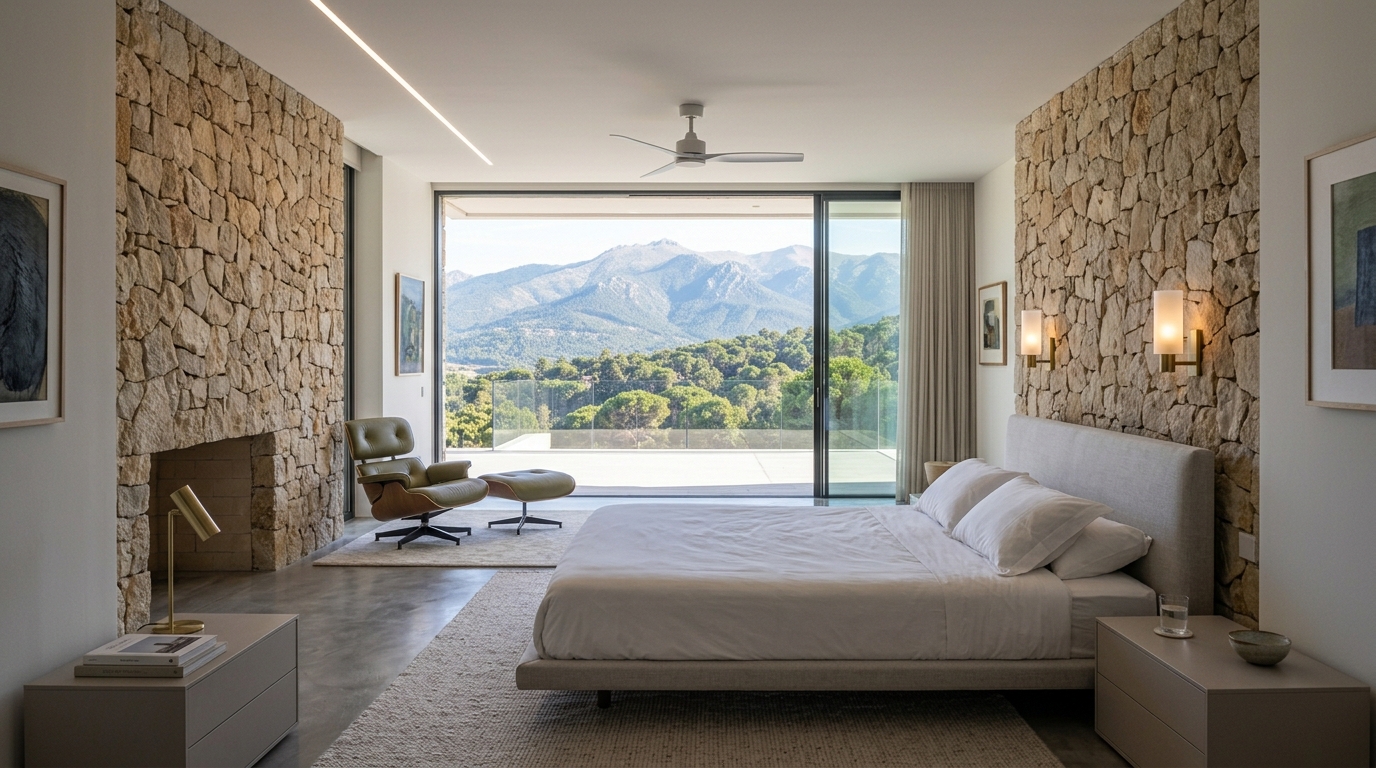 Dormitorio principal con muros de piedra, chimenea y salida a una terraza con vistas a la sierra.