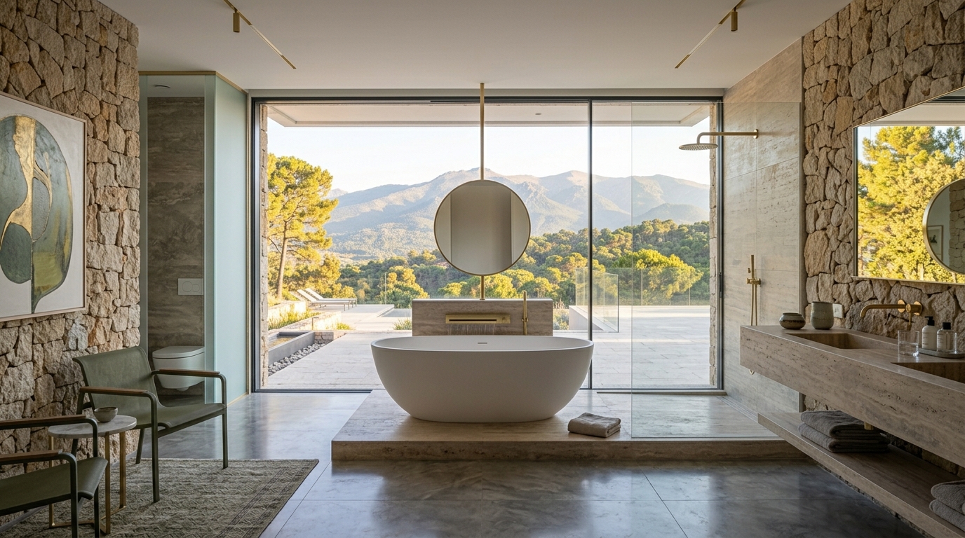 Baño con bañera exenta frente a un ventanal con vistas al jardín y a la sierra.